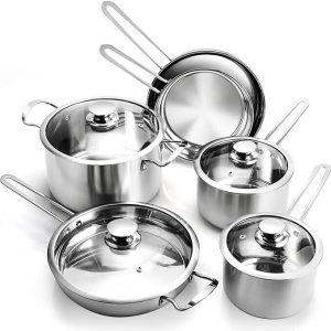 10-Piece Pots and Pans Set Stainless Steel Kitchen Cookware Sets Classic Cook…