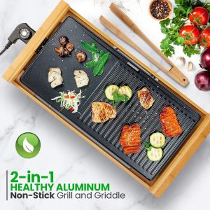 Smokeless Indoor Electric Grill – Bamboo Tray, Adjustable Thermostat