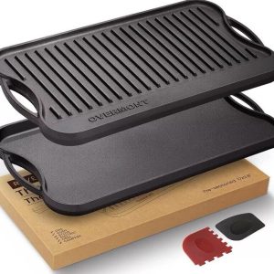 Overmont Pre-seasoned 17×9.8″Cast Iron Reversible Griddle Grill Pan with handles