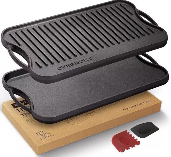 Overmont Pre-seasoned 17×9.8″Cast Iron Reversible Griddle Grill Pan with handles