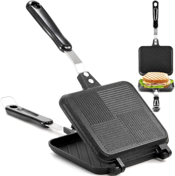 Elsjoy Non-Stick Hot Sandwich Panini Maker with Handle, Aluminum Double Sided