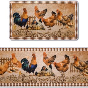 2 Pcs Rooster Kitchen Rugs Set Farm Chicken Kitchen Mat Decor Christm