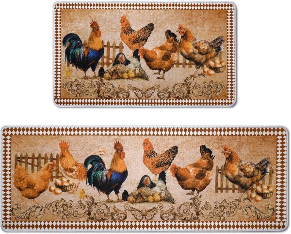 2 Pcs Rooster Kitchen Rugs Set Farm Chicken Kitchen Mat Decor Christm