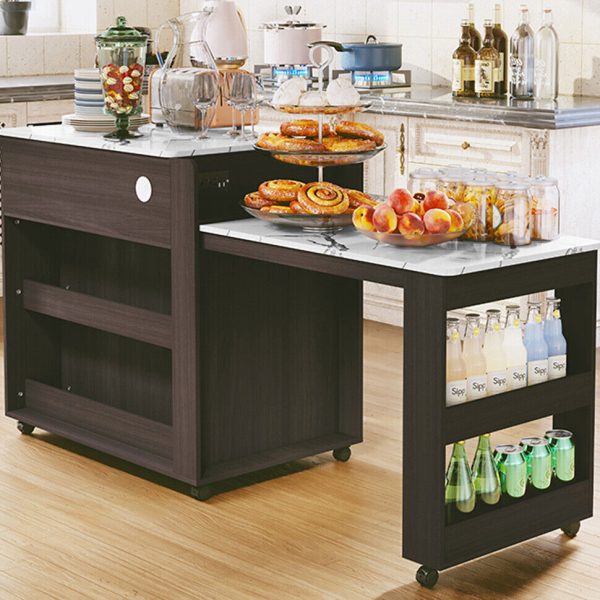 Power Outlet Extendable Kitchen Island on Wheel Rolling Storage Cabinet Brown