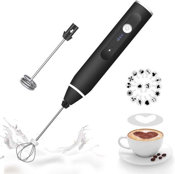 Milk Frother Handheld,  Rechargeable Whisk Drink Mixer for Coffee with Art Stenc