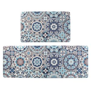 Kitchen Cushioned Anti Fatigue Rugs Non Slip Waterproof Floor Mat Set 2 Blue