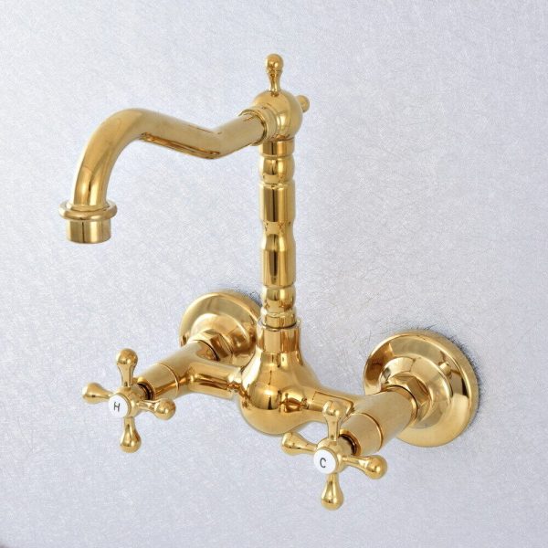 Gold Brass  Double Handle Wall Mount Bathroom Kitchen Mixers Hot and Cold Tap