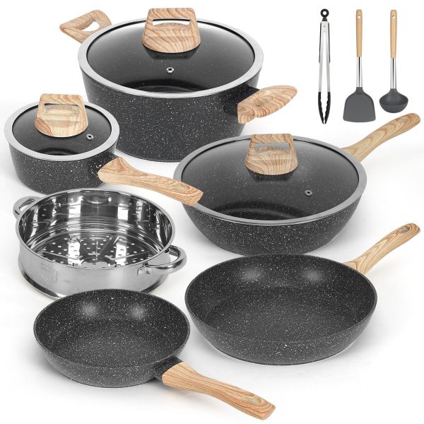 Non-Stick 12-Piece Granite Cookware Set Pots & Pans Kitchen Cooking Black