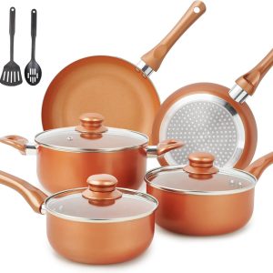 Pots and Pans Set Ultra Nonstick, Pre-Installed 11Pcs Cookware Set Copper with C