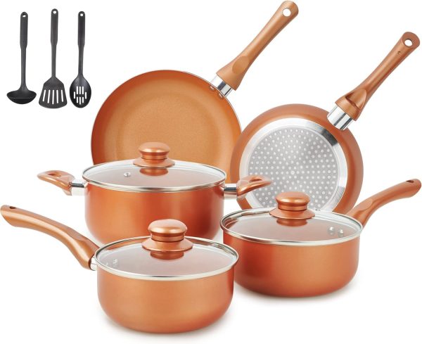 Pots and Pans Set Ultra Nonstick, Pre-Installed 11Pcs Cookware Set Copper with C