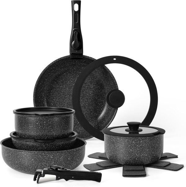 15Pcs Pots and Pans Set Non Stick, Cookware Sets with 15 Pieces, Black