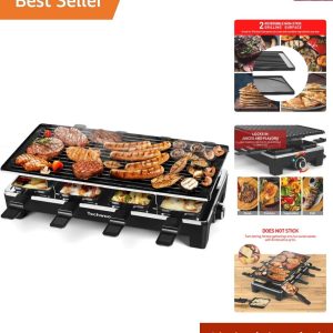 Versatile 2-in-1 Ractte Electric Grill with 8 Cheese Melt Pans for Indoor Fun