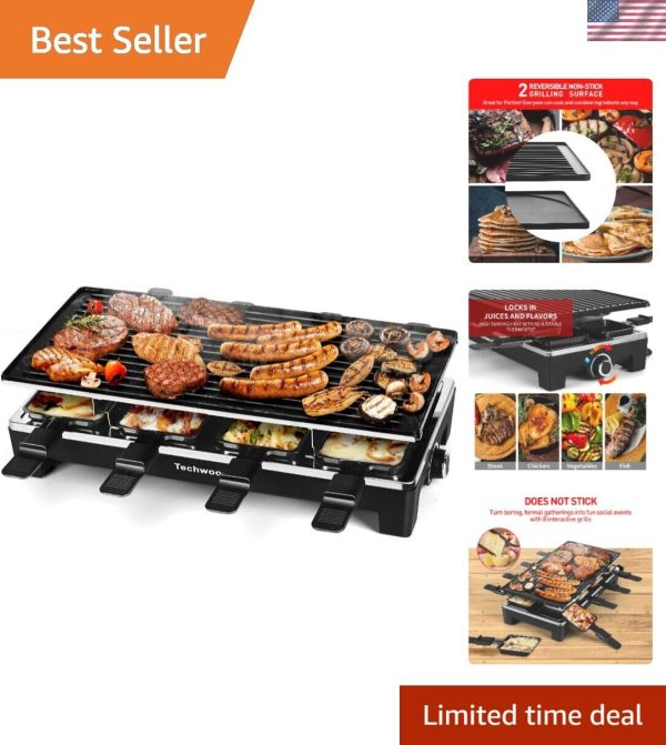 Versatile 2-in-1 Ractte Electric Grill with 8 Cheese Melt Pans for Indoor Fun