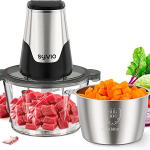 Syvio Food Processors with 2 Bowls, Meat Grinder 4 Bi-Level Blades, Mini Electri