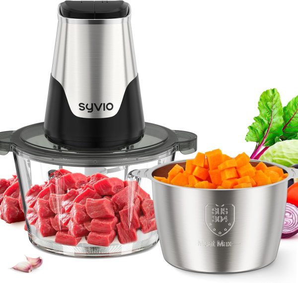 Syvio Food Processors with 2 Bowls, Meat Grinder 4 Bi-Level Blades, Mini Electri