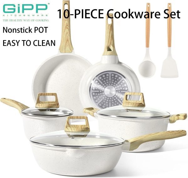 GiPP 10 Pcs Pots and Pans Set, Nonstick Granite Induction Kitchen Cookware Set