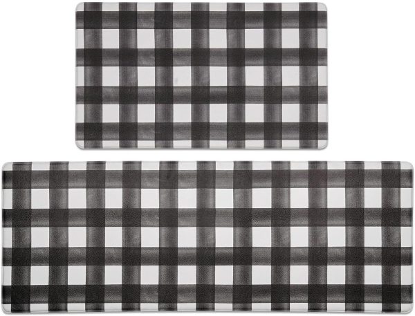 Modern Farmhouse Plaid 2 Piece Set Kitchen Mats for Floor Anti Fatigue Waterp…