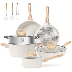 12 Pieces Hammered Cookware Set Nonstick Granite Coated Pots and Pans Set White