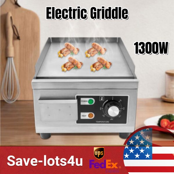 Commercial Electric Griddle Flat BBQ Countertop Hot Plate Stainless Steel 1300W