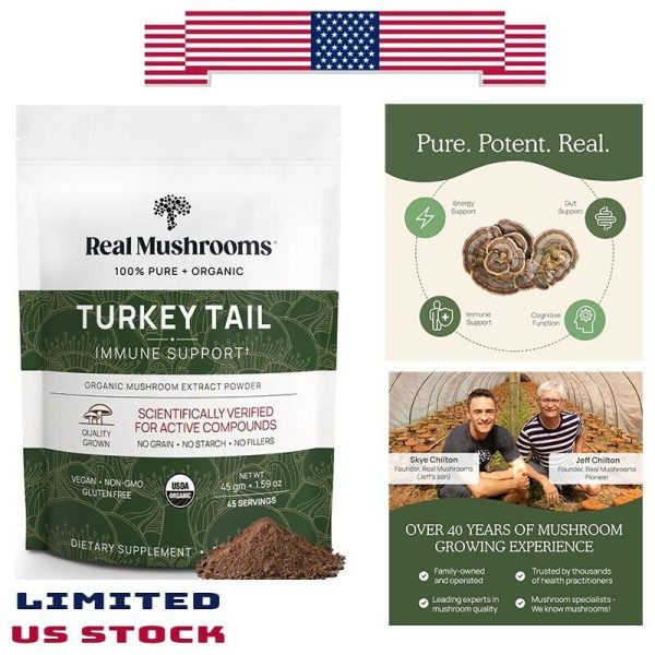 Real Turkey Tail Powder, Organic Mushroom Supplement, Vegan, Non-GMO, 45 Serving