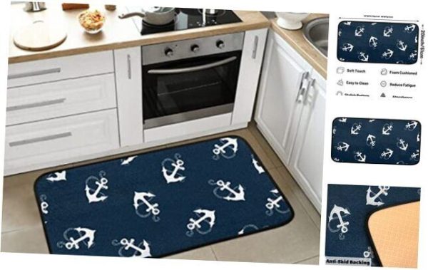 Beach Nautical Anchor Kitchen Mat Cushioned Anti-Fatigue Kitchen Rug, Ocean