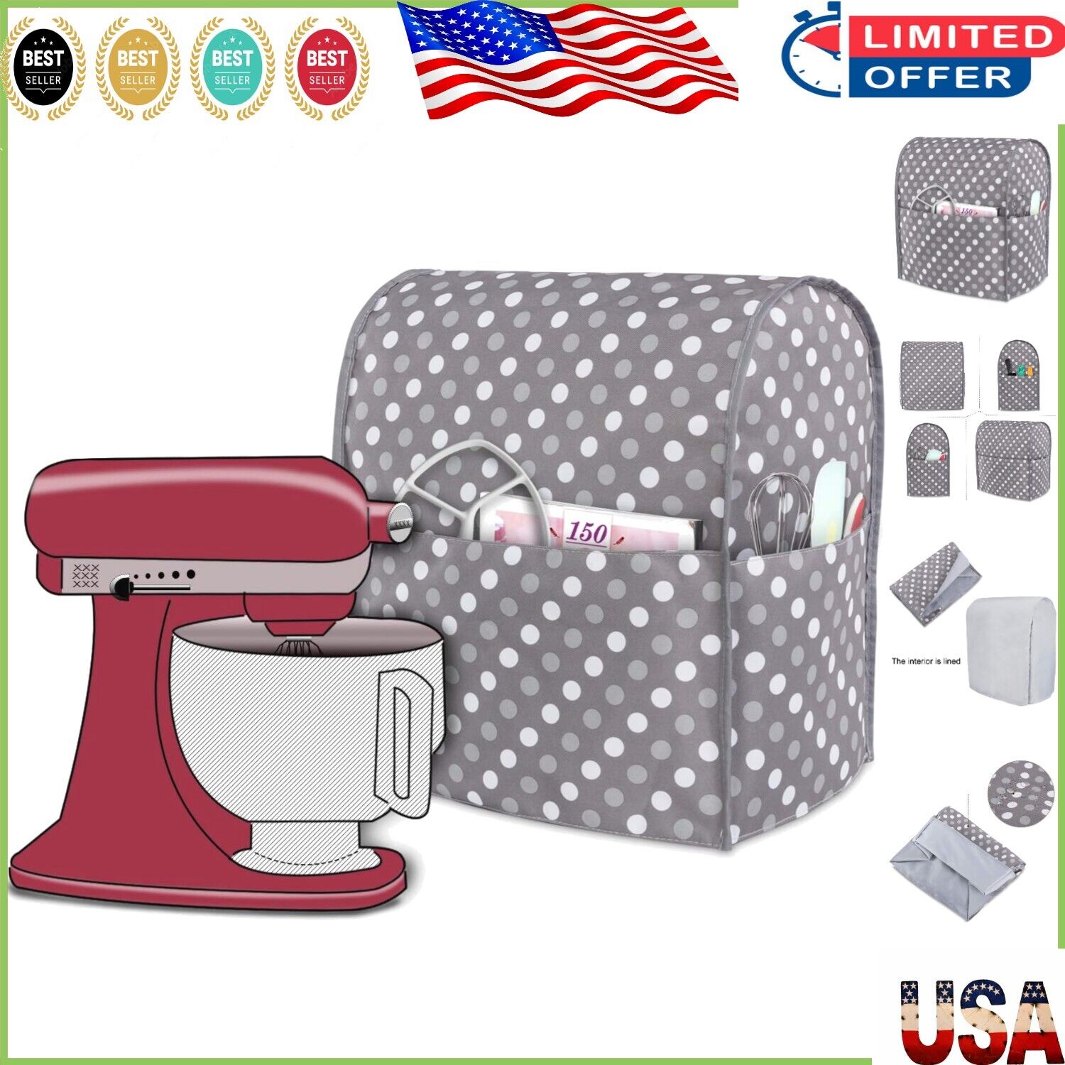 Water-Resistant Mixer Cover with Pockets for 4.5 & 5 Quart Kitchen Mixers