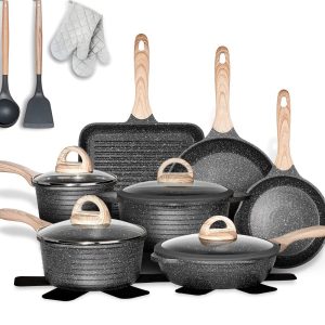 JEETEE Pots and Pans Set Nonstick 20PCS, Granite Coating Cookware Sets Induct…