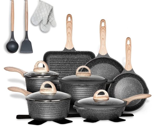 JEETEE Pots and Pans Set Nonstick 20PCS, Granite Coating Cookware Sets Induct…