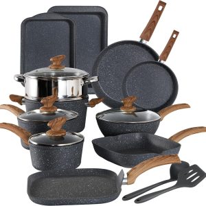 17 Piece Cookware Set Nonstick Granite Coated Pots and Pans Set Bakeware Black