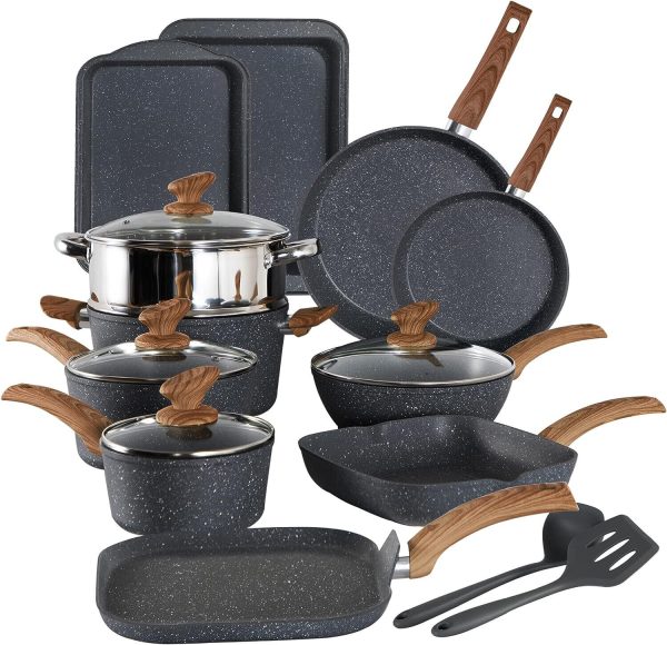 17 Piece Cookware Set Nonstick Granite Coated Pots and Pans Set Bakeware Black