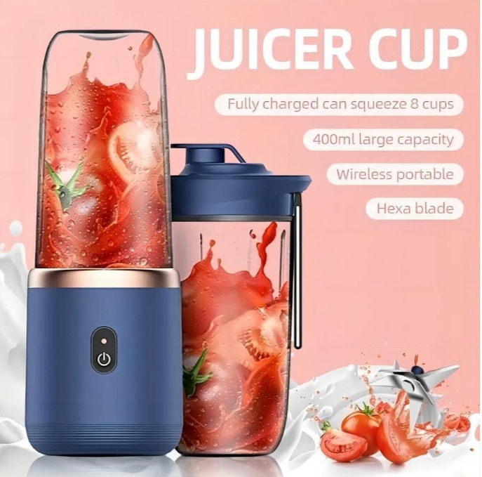 1 PC 400ml Portable Electric Juicer – USB Rechargeable, 6 Blades, Dual Cup – NEW