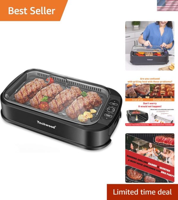 Compact Indoor Smokeless Grill with Glass Lid – Non-Stick, Easy Clean Design