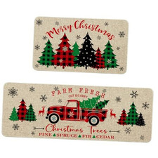 Farmhouse Christmas Kitchen Mat Decor, Truck Christmas Trees Kitchen Rugs Sets