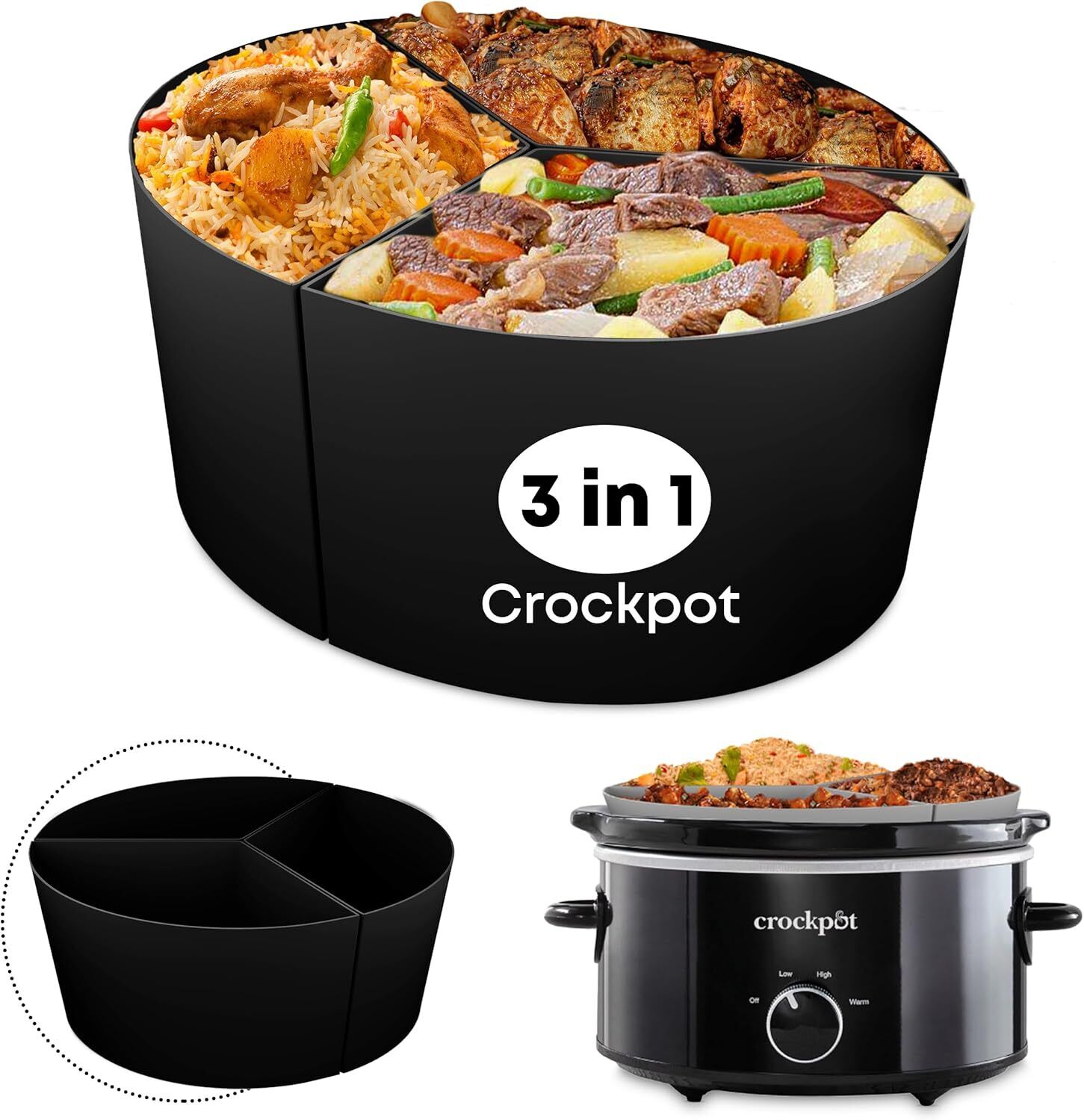 AMR 3in1 Slow Cooker Liners for 6-8 QT Crockpots, 3-in-1 Divider, Black