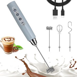 Handheld Milk Frother for Coffee Rechargeable Electric Whisk with 3 Heads 3 S…