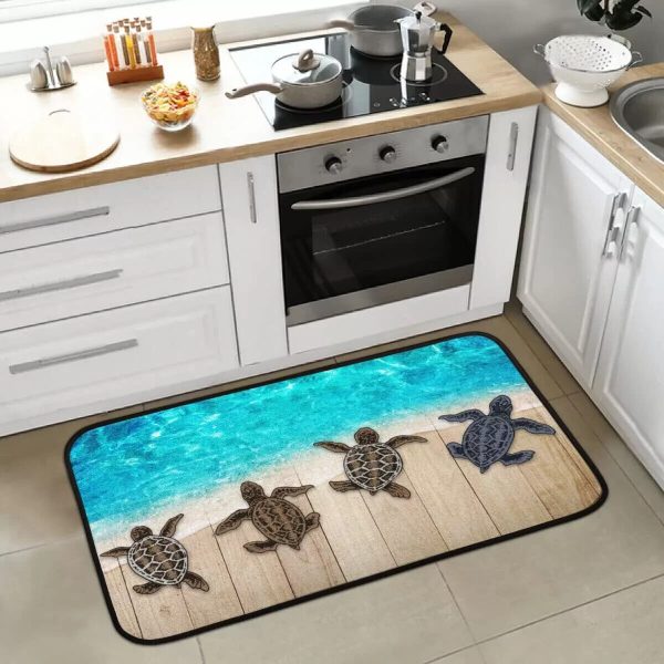 Beach Wooden Turtle Kitchen Mat Cushioned Anti-Fatigue Kitchen Rug Ocean Sea …