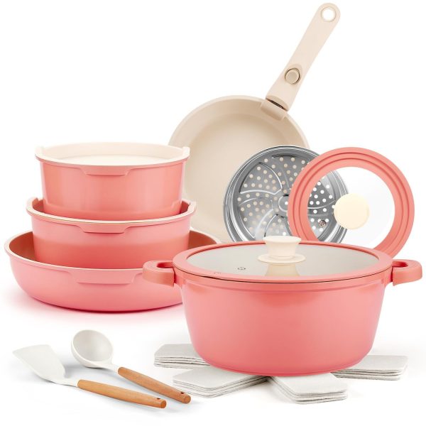 Ceramic Pots and Pans Set Non Stick Pink, 19 Pcs Nonstick Cookware Set with D…