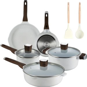 10pcs Pots and Pans Set Nonstick White Granite Set Cookware Sets