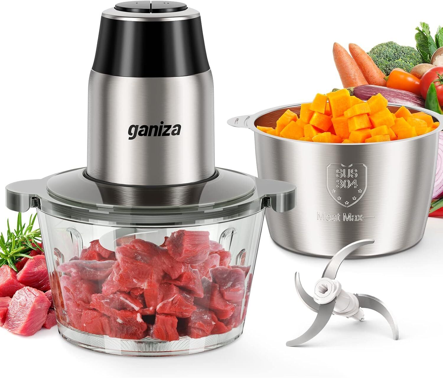 GANIZA Food Processors, Electric Chopper with Meat 8 Cup+8 Cup, Black