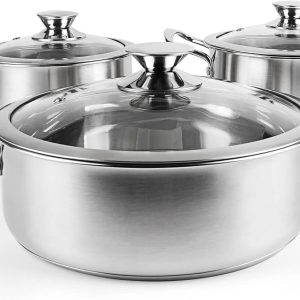 Stainless Steel Pots and Pans Set, 6 Piece Kitchen Cookware Sets with Glass Lids