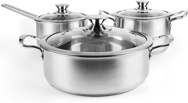 Stainless Steel Pots and Pans Set, 6 Piece Kitchen Cookware Sets with Glass Lids