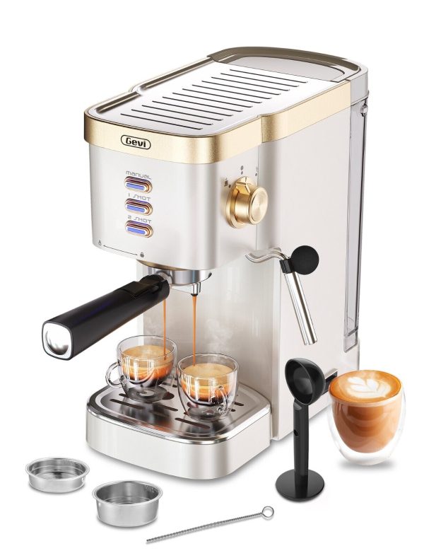 Gevi 2-in-1 Espresso Coffee Machine 20 Bar, Milk Frother GECME022-U White Gold