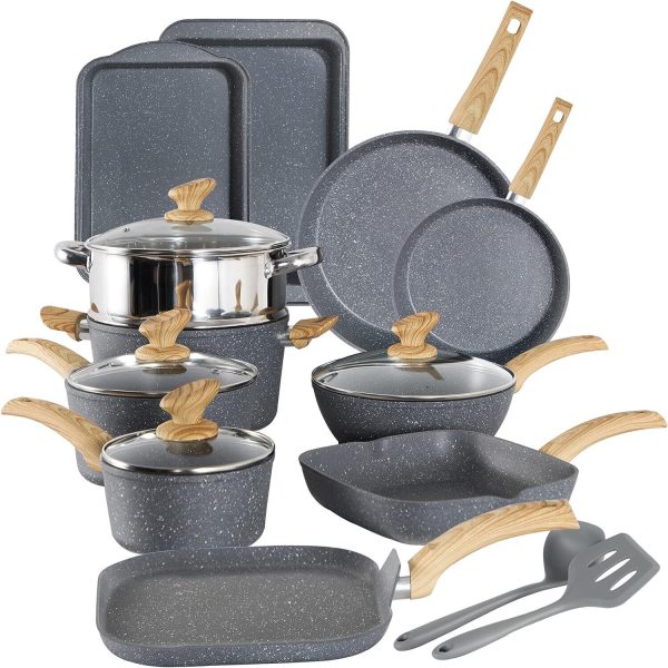 17 PCS Pots and Pans Set Nonstick Induction Cookware Set Granite Coated Pot Set