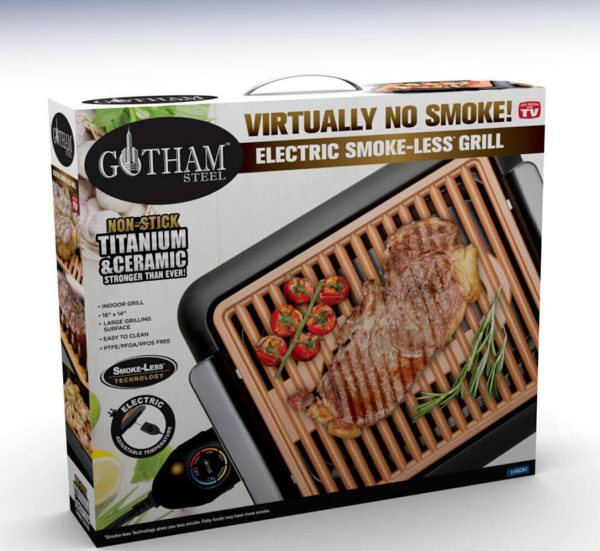 GOTHAM STEEL Smoke-Less Indoor Electric Grill Non-Stick Titanium & Copper 16×14