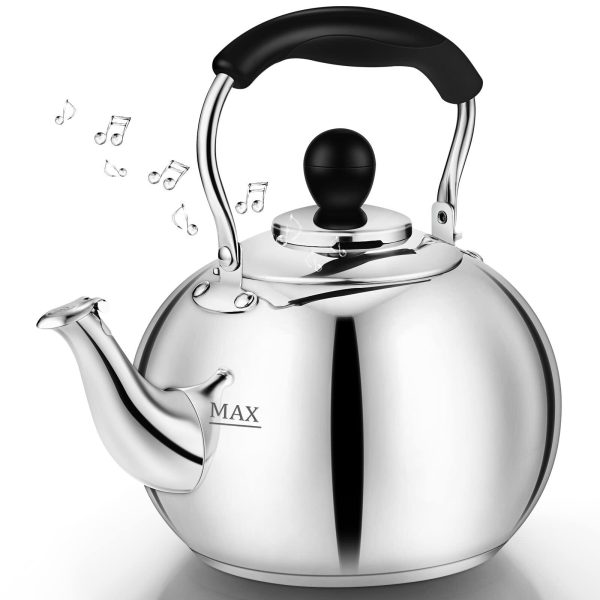 Whistling Tea Kettle Stovetop – 2.3 Quart Round Tea Kettle Stovetop Silver Mi…