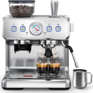 15 Bar Semi-Automatic Espresso Maker with Bean Grinder & Milk Frother Steam Wand