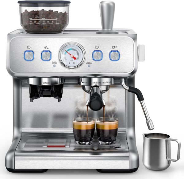 15 Bar Semi-Automatic Espresso Maker with Bean Grinder & Milk Frother Steam Wand