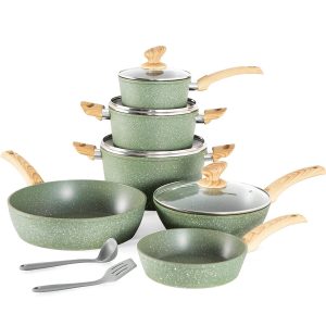 12 Pieces Kitchen Pots & Pans Set Nonstick Cookware Set Granite Coated Green