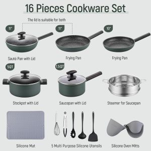 Nonstick Cookware Sets – 16 Pieces Pots and Pans with Utensils and Steamer, Nons