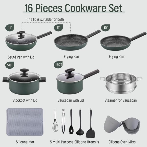 Nonstick Cookware Sets – 16 Pieces Pots and Pans with Utensils and Steamer, Nons